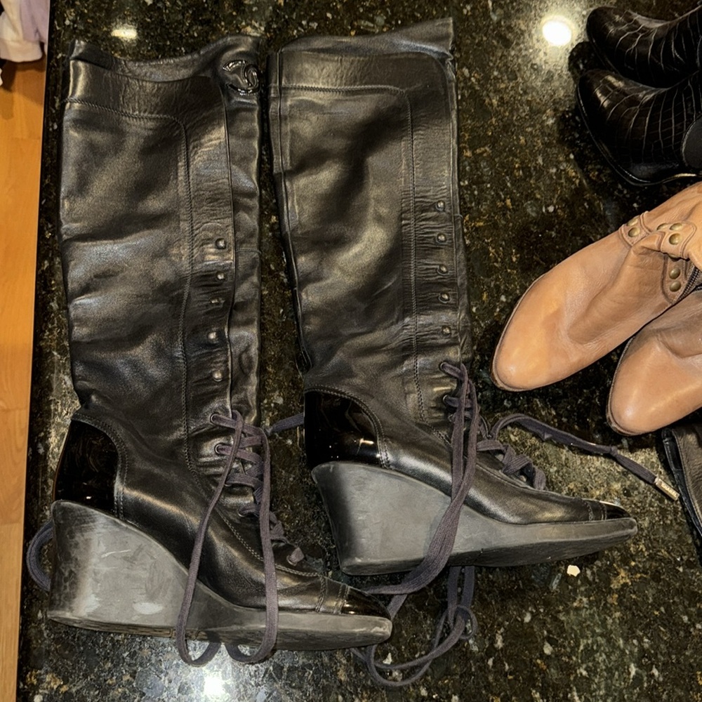 Black Chanel Wedge Lace Up Boots